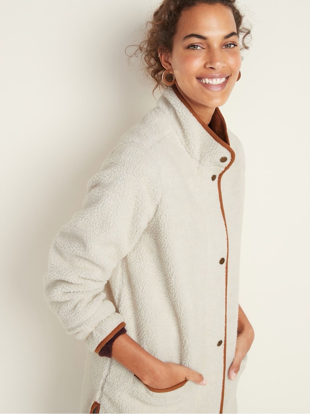 Old Navy Cream Sherpa Fleece Snap Front Jacket Camel Trim S